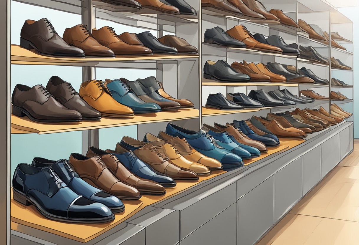 A row of polished formal shoes on display, with a variety of styles and colors. A sign above reads "Maintenance and Longevity: How to choose the right formal shoes for your suit."