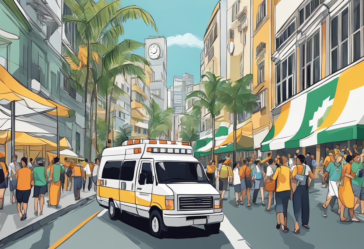 A bustling event venue with the ambulance number prominently displayed in Rio de Janeiro