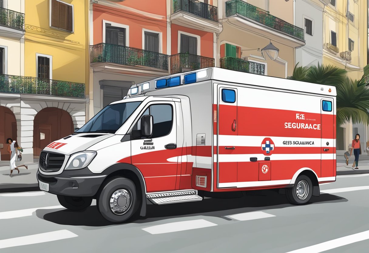 A red and white ambulance with "Gestão de Qualidade e Segurança" written on the side, parked in Rio de Janeiro