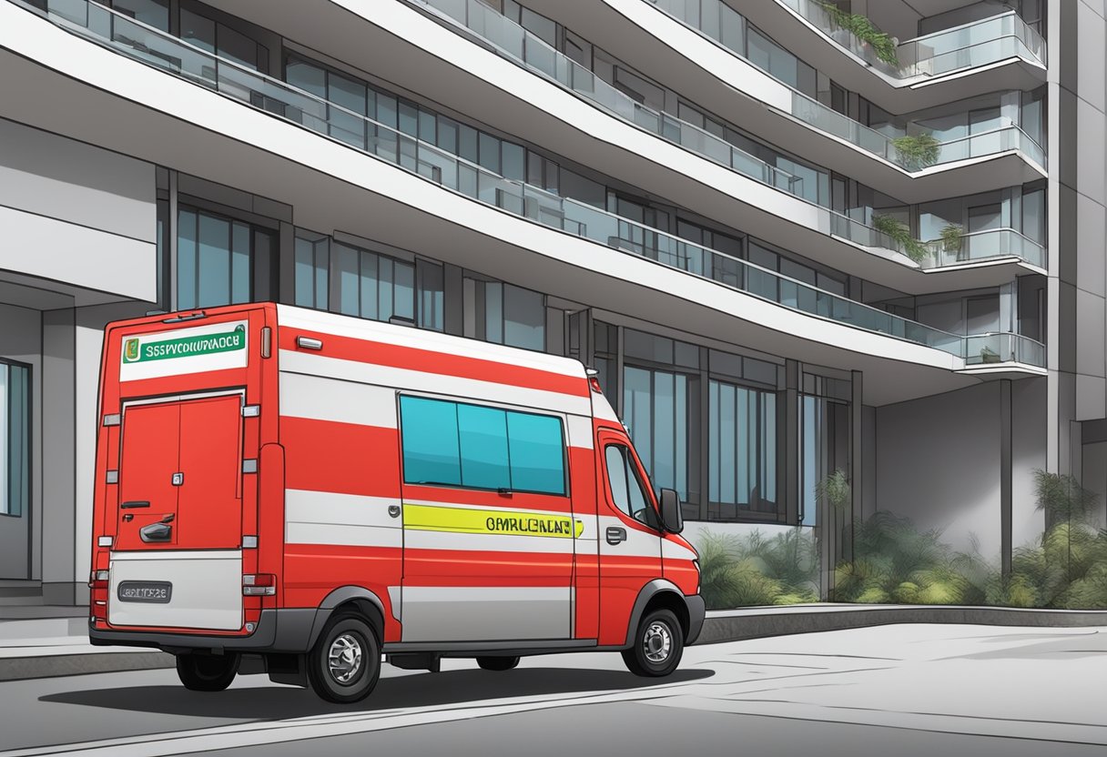 A bright red ambulance parked outside a residential building, with a sign reading "Serviços Complementares e Atendimento Domiciliar" on the side