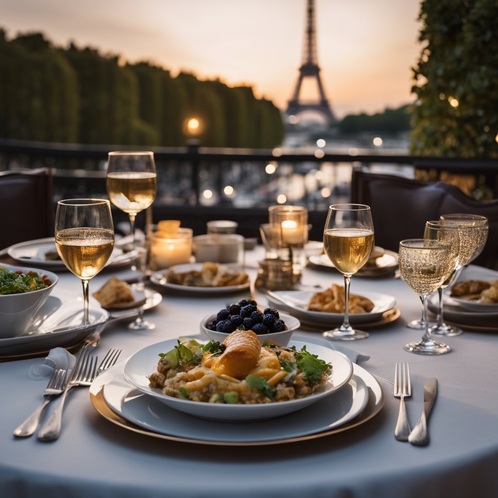 French cuisine in Paris with Eiffel tower