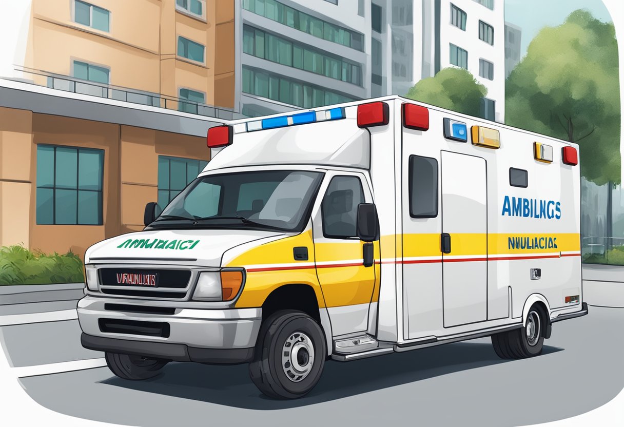An ambulance with "Informações Adicionais número da ambulância rj" written on its side is parked outside a hospital