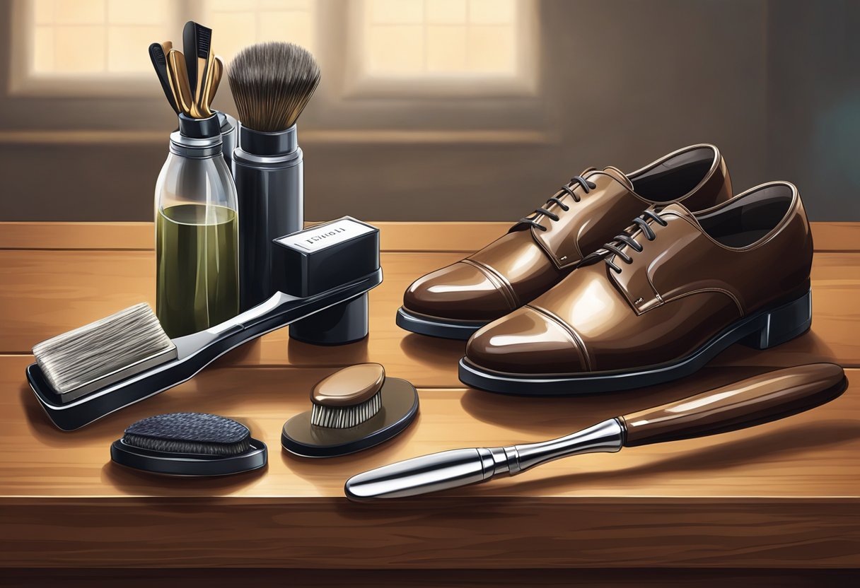 A shoe shining kit sits open on a polished wooden surface, with a pair of formal shoes placed next to it. A soft cloth, shoe brush, and polish are arranged neatly next to the shoes