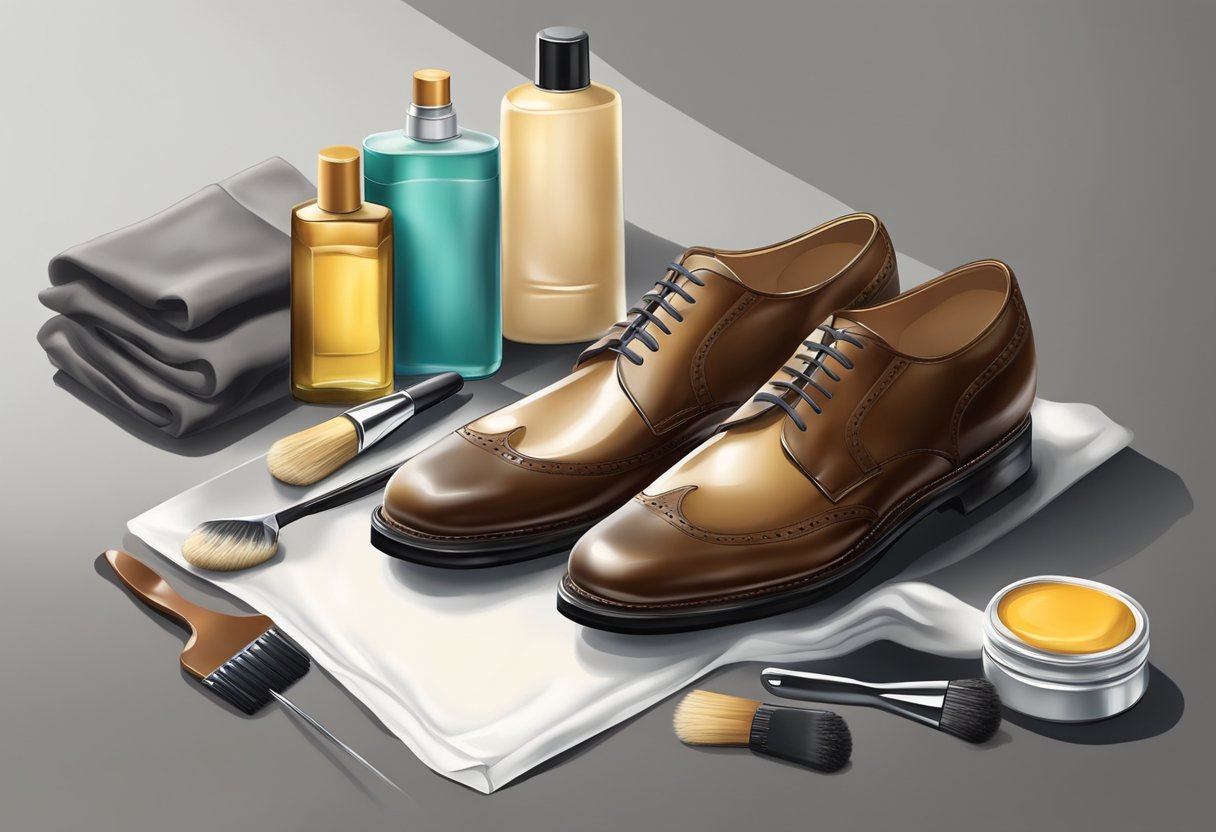 A pair of formal shoes placed on a clean surface, with a variety of shoe care products nearby, such as polish, brushes, and a cloth