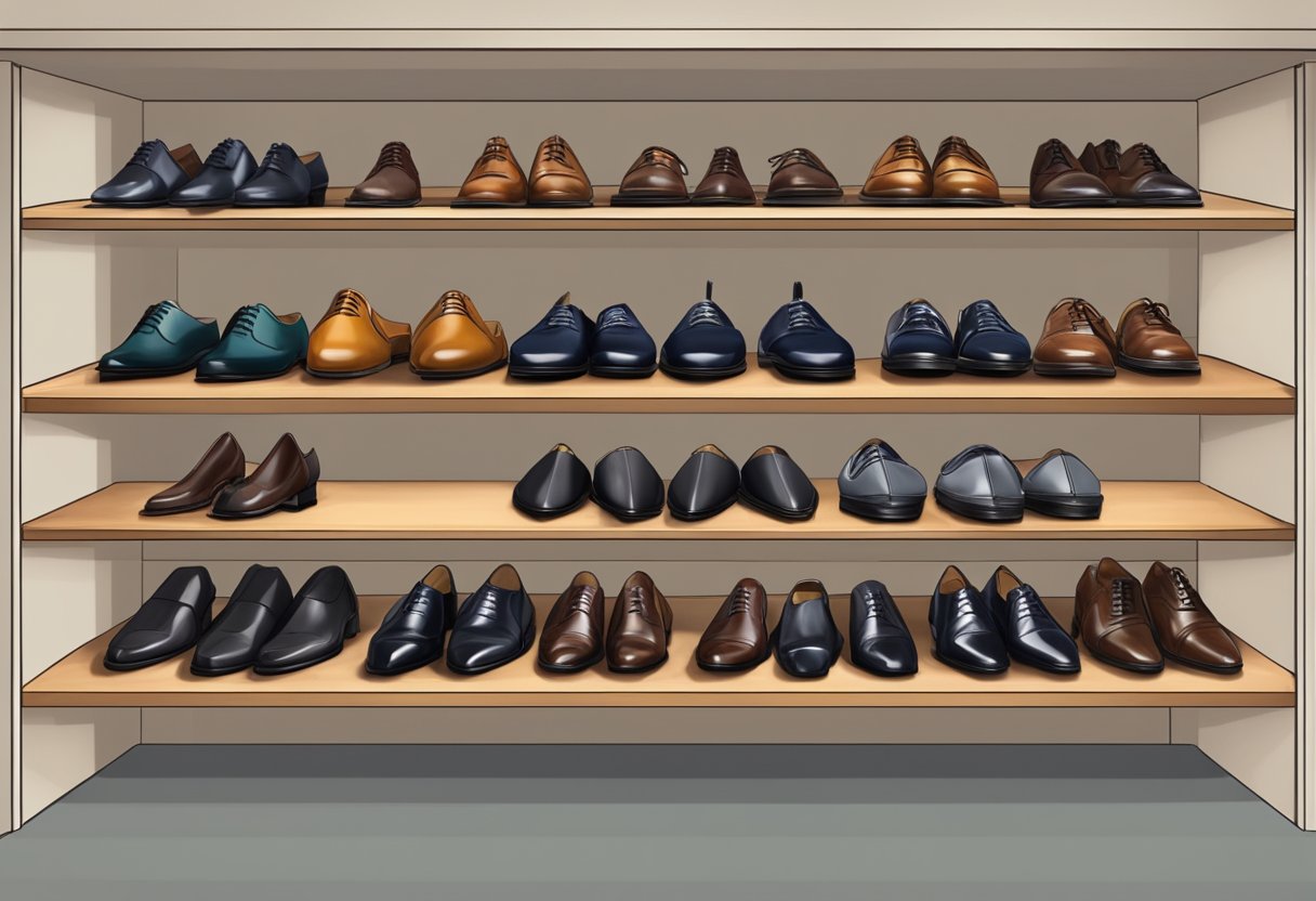 A row of polished formal shoes neatly arranged on a shoe rack, with shoe trees inserted to maintain their shape and prevent creasing. A shoe care kit sits nearby, containing polish, brushes, and a cloth