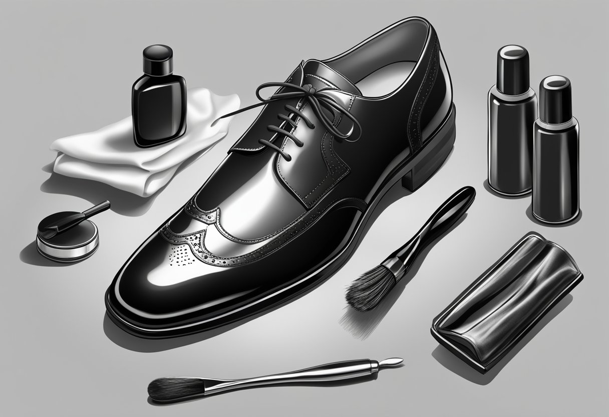 A pair of formal shoes being cleaned and polished with a soft cloth and brush, with a bottle of shoe polish and a shoe tree nearby