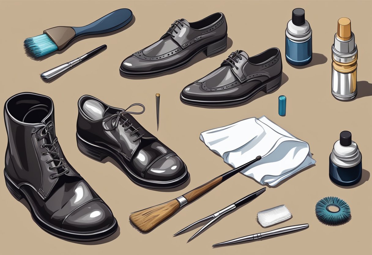 A table with a shoe care kit: brushes, polish, cloth. A pair of formal shoes, scuffed and dusty, next to the kit