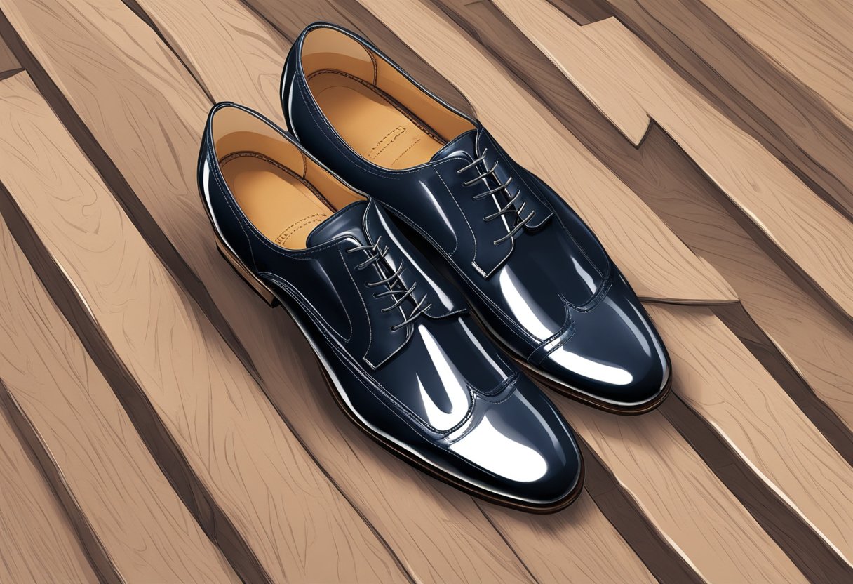 A pair of sleek formal shoes sits on a polished wooden floor, exuding elegance and sophistication. The shoes are crafted from high-quality leather, showcasing their durability and timeless style