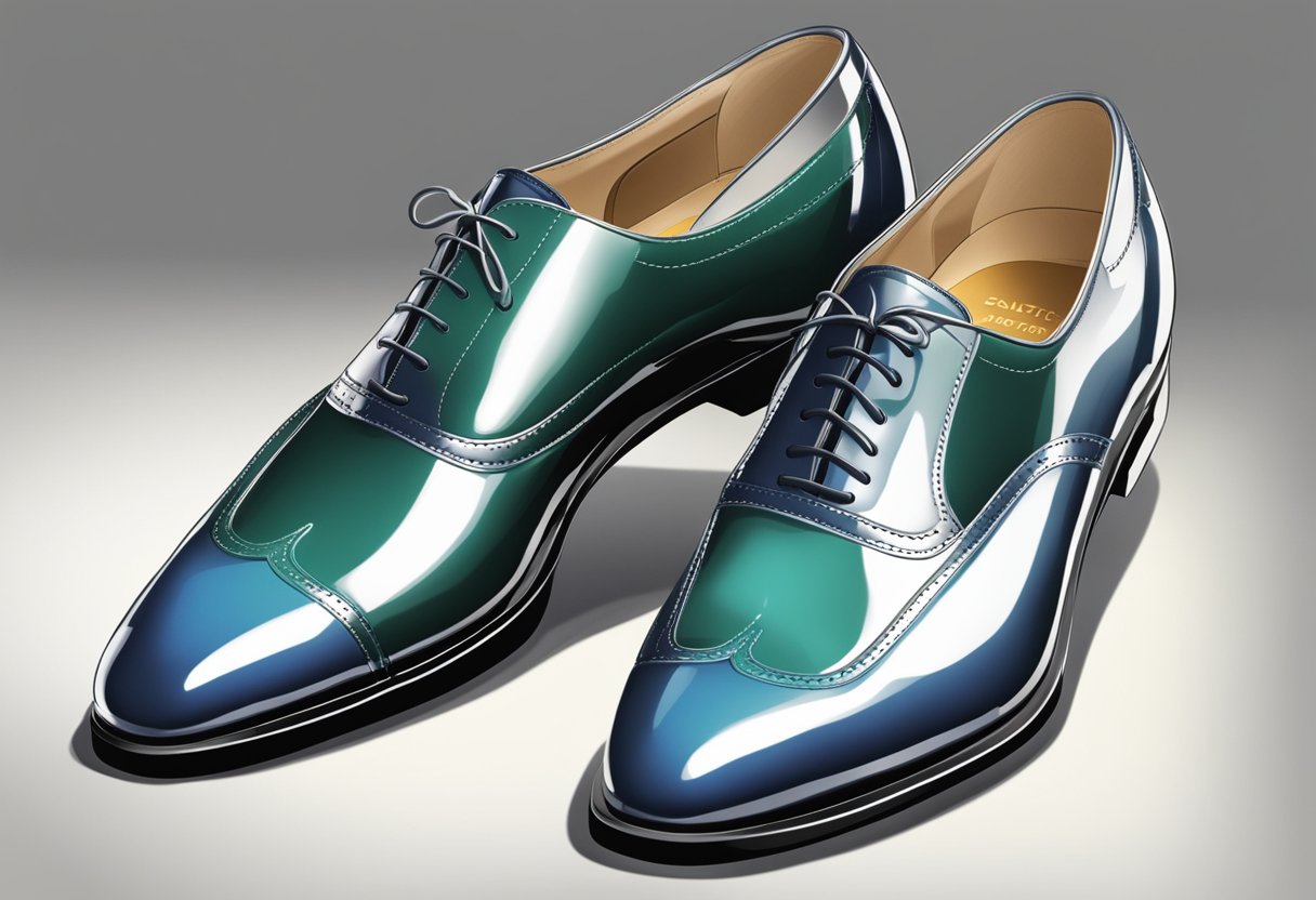 A polished pair of formal shoes on a clean, well-lit display. Impeccable stitching and a sleek design exude professionalism