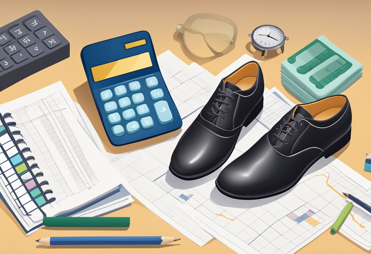 A pair of formal shoes next to a calculator and a chart showing cost savings