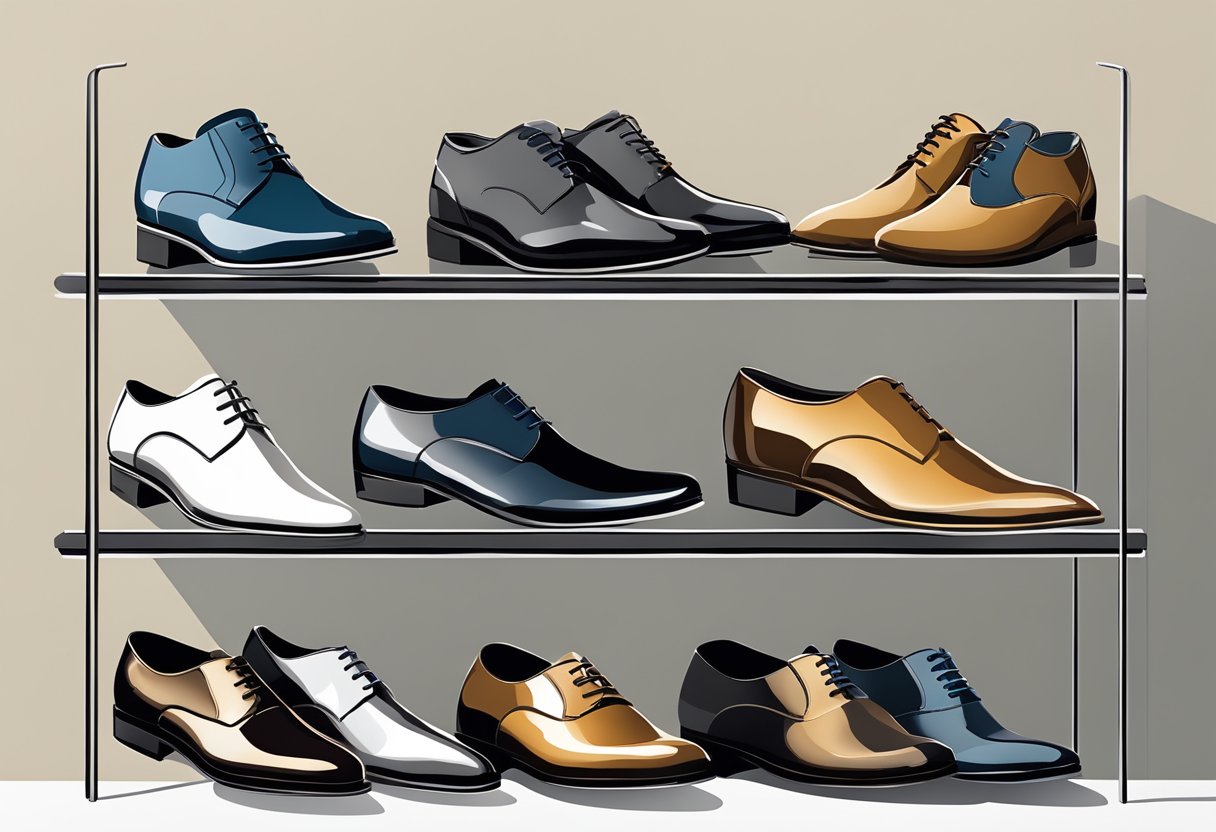 A pair of formal shoes displayed on a sleek, modern shelf with various outfits in the background, showcasing their versatility and functionality