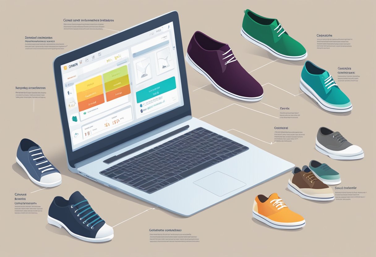 A computer screen displaying various formal shoe options with a checklist of factors to consider when buying online