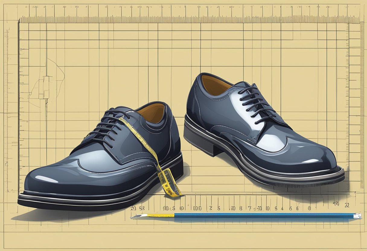 A pair of formal shoes placed next to a ruler and size chart, with a tape measure measuring the length and width of the shoe