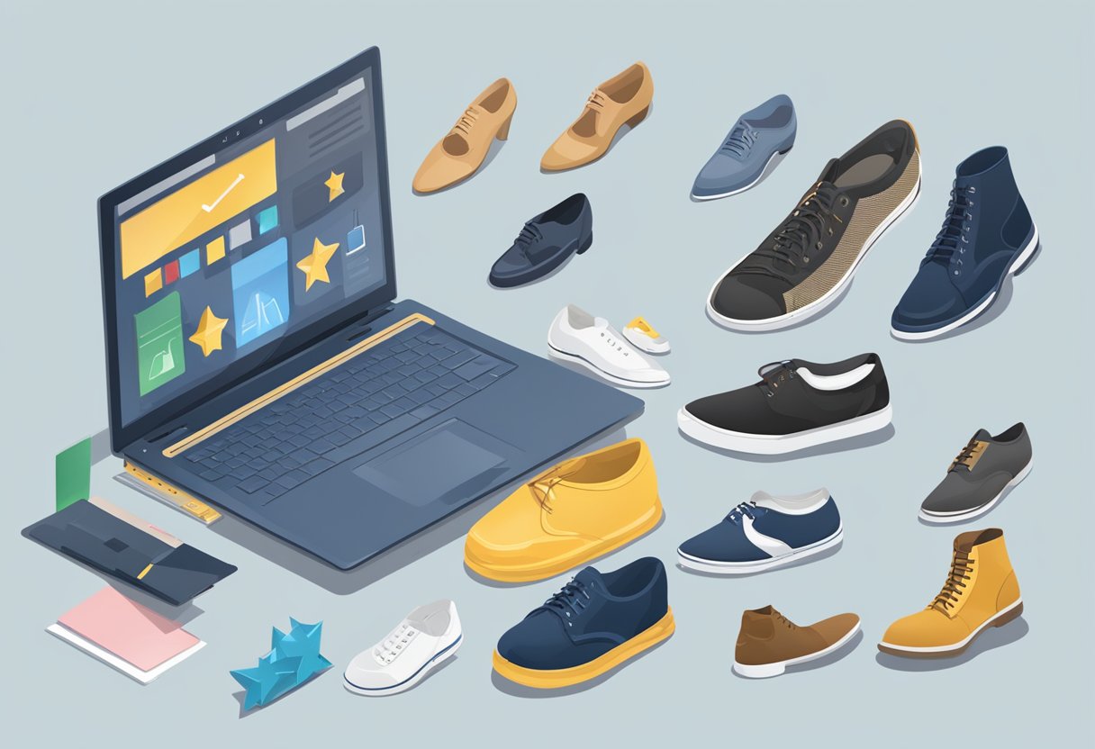 A laptop displaying a variety of formal shoe options, surrounded by positive online reviews and star ratings. A ruler and measuring tape nearby for size reference