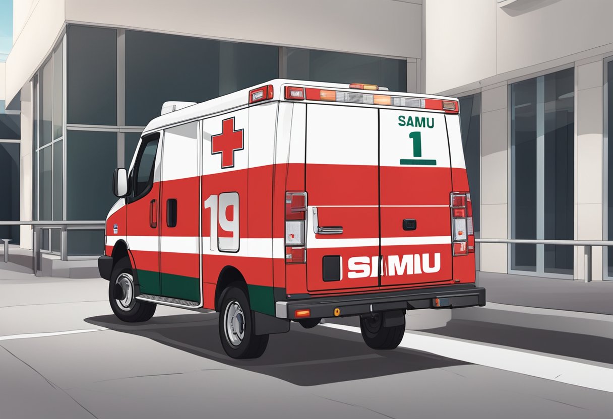 A red and white ambulance with "SAMU" logo on the side, parked outside a hospital, with the number "192" displayed prominently