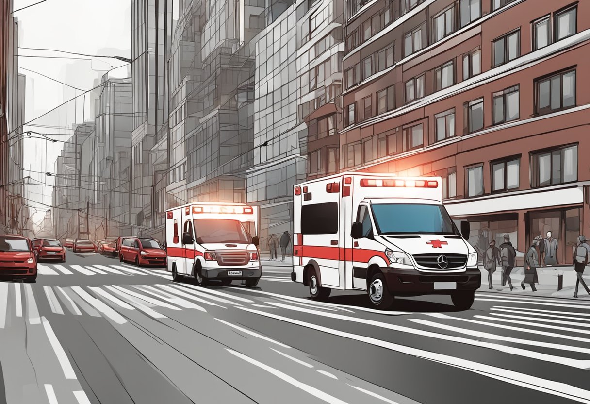 A red and white ambulance speeds through busy city streets, its lights flashing and siren wailing as it rushes to a scene of emergency