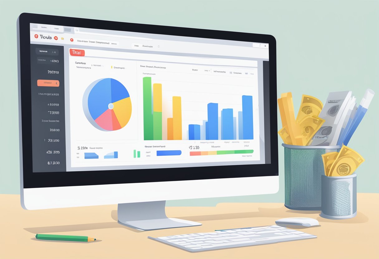 A computer screen displaying a YouTube analytics dashboard with 10 million views highlighted, a calculator, and a stack of cash