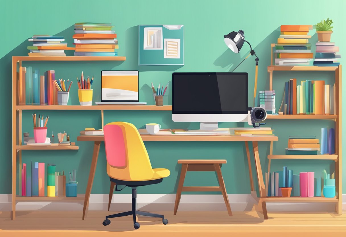 A desk with a computer, notebook, and art supplies. A camera on a tripod and a microphone. A colorful backdrop with shelves of books and creative props