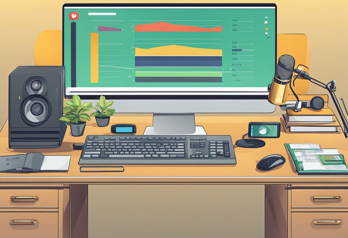 A computer desk with a microphone, camera, and YouTube logo. A growth chart showing increasing subscribers and views. Monetization symbols such as dollar signs and ad icons