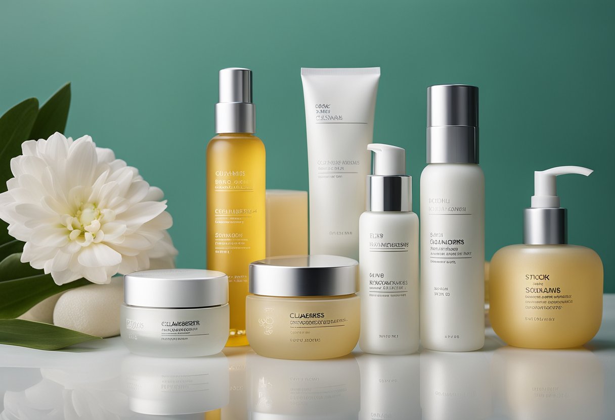 A table displays various skincare products: cleansers, serums, moisturizers, and masks. Bright packaging and sleek bottles catch the eye