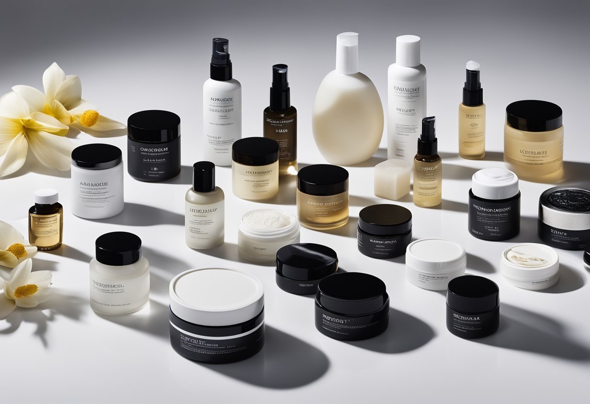 A variety of skincare products arranged on a clean, white surface with labels visible. Different textures and colors indicate various skin types