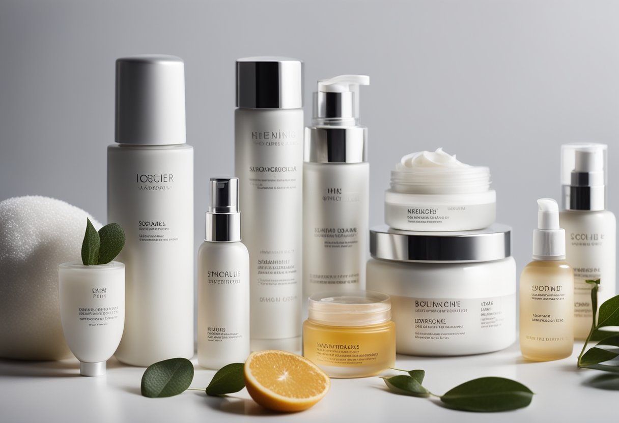 A collection of skincare products arranged neatly on a clean, white surface with soft lighting highlighting their labels and textures