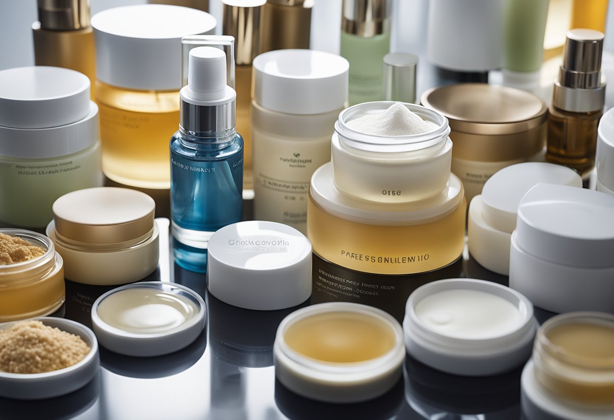 A variety of skincare products arranged on a clean, well-lit surface, with labels and ingredients clearly visible for review