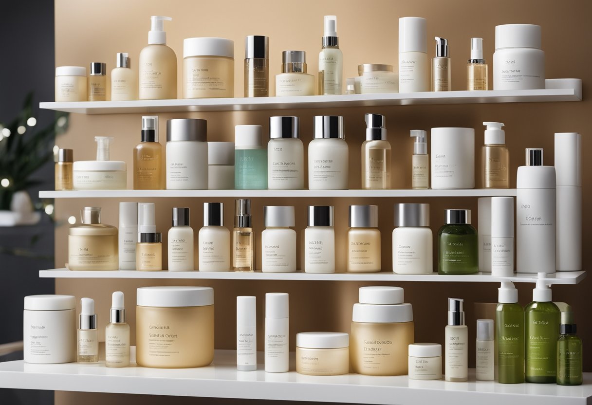 A display of top skincare products arranged on a clean, well-lit shelf, with elegant packaging and clear labels