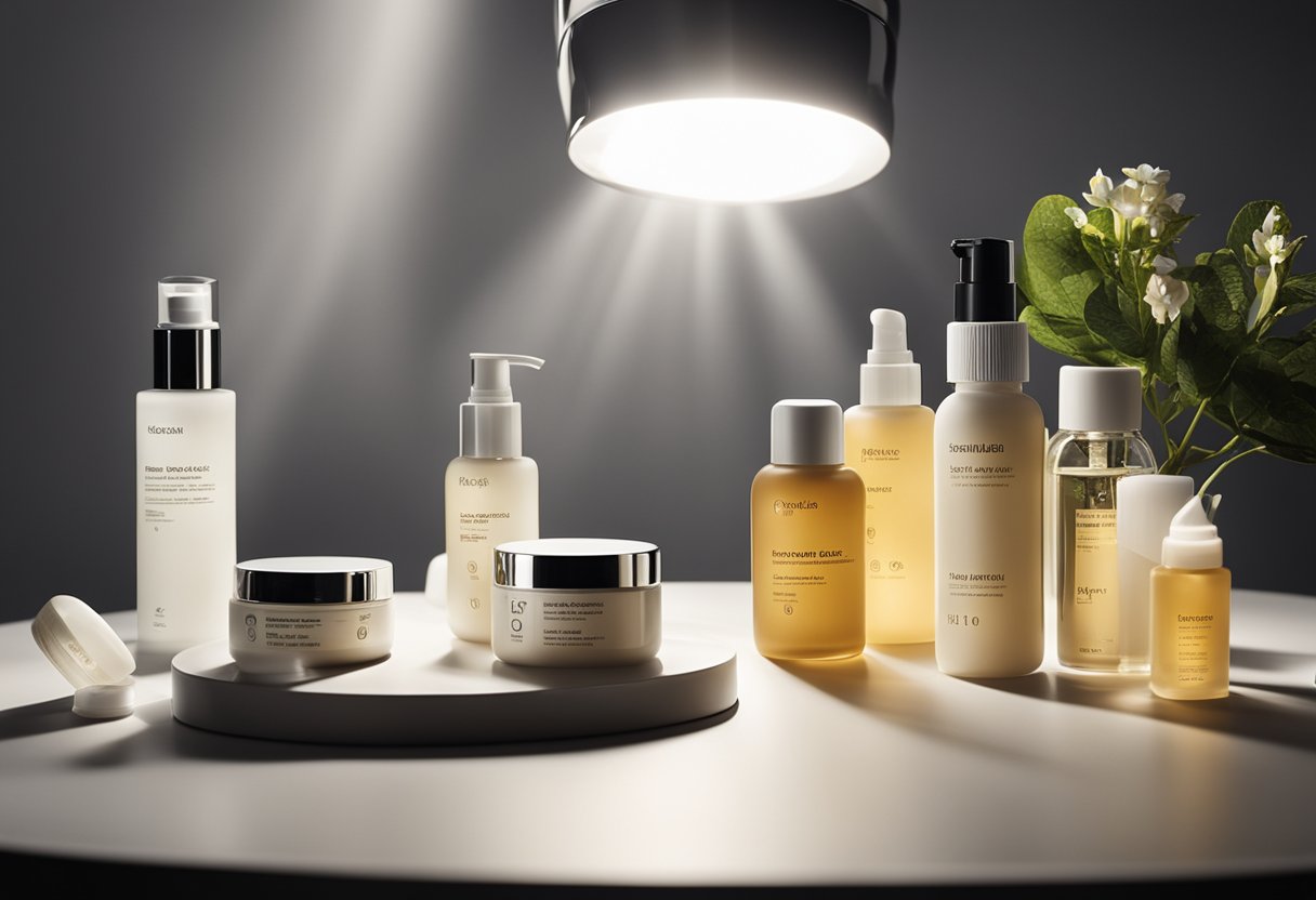 A table with various skincare products arranged neatly, surrounded by question marks and a spotlight shining on them