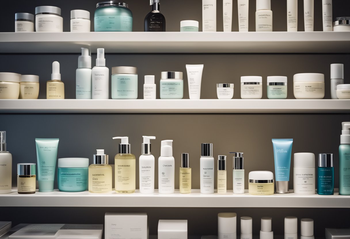 A display of Korean skincare products arranged neatly on a shelf, with labels showcasing their top-rated status