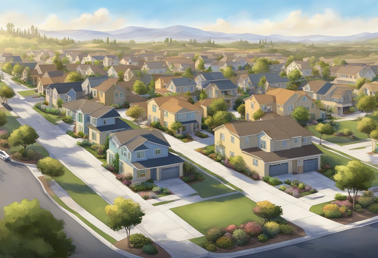 A sunny suburban street lined with affordable homes and convenient amenities, showcasing the charm of Rancho Del Rey in Chula Vista, CA