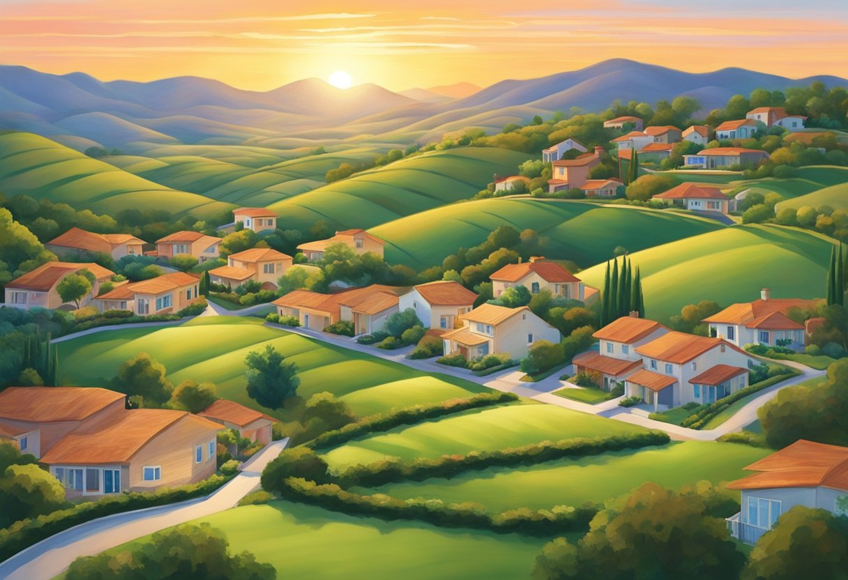 The sun sets behind the rolling hills, casting a warm glow over the ranch houses nestled in the neighborhood of Chula Vista. The lush greenery and winding roads create a picturesque scene of tranquility and charm