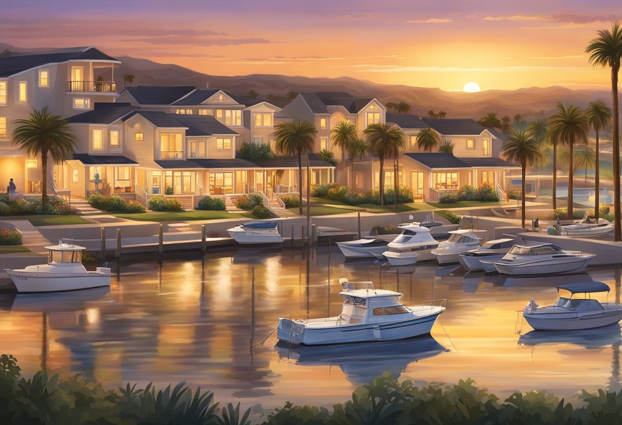 The sun sets over the Chula Vista Bayfront, casting a warm glow on the waterfront homes and bustling neighborhood. Boats dot the marina, and palm trees sway in the gentle breeze