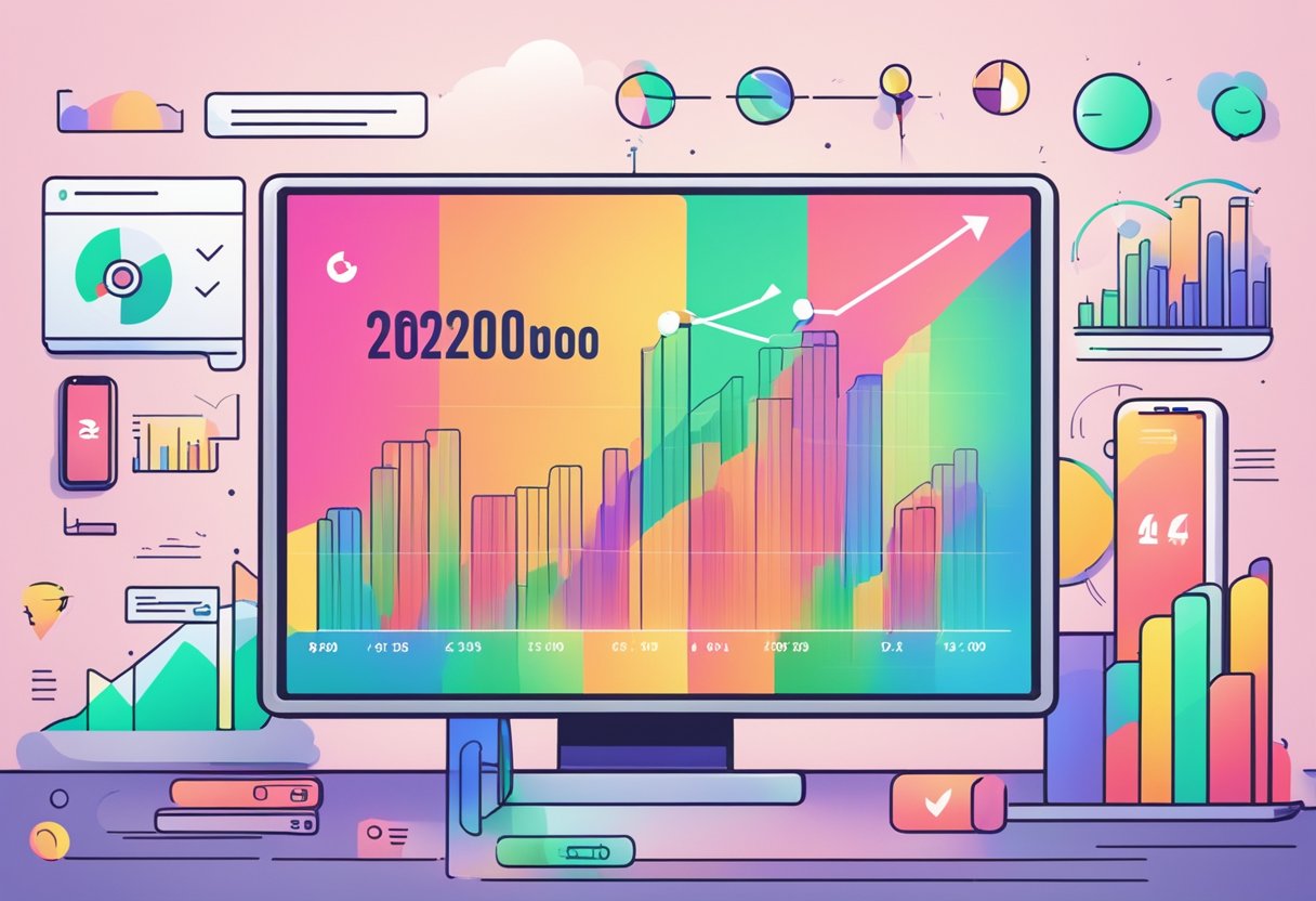 A vibrant digital screen displaying "Fastest Growing YouTube Channel May 2024" with a trending graph and subscriber count