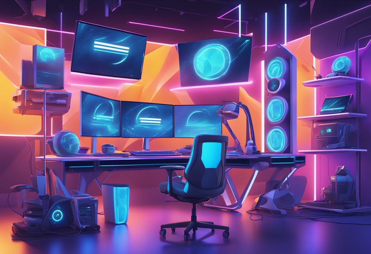 A vibrant, futuristic studio with high-tech equipment and screens displaying the logo of "Emergence of New Creators." The space is filled with energy and creativity, capturing the essence of the fastest growing YouTube channel in May 2024