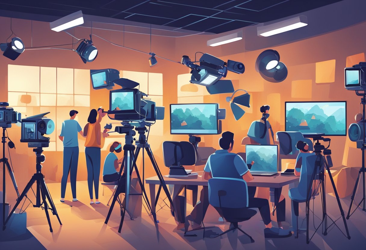 A bustling studio with cameras, lights, and screens. A team of creators brainstorming and filming engaging content. Viewers leaving comments and likes on the latest videos