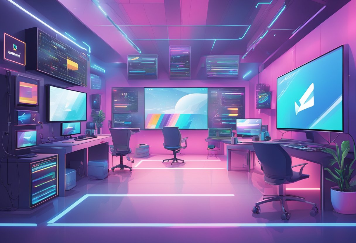 The scene depicts a vibrant, futuristic studio with high-tech equipment and a large screen displaying the "Fastest Growing YouTube Channel" for May 2024