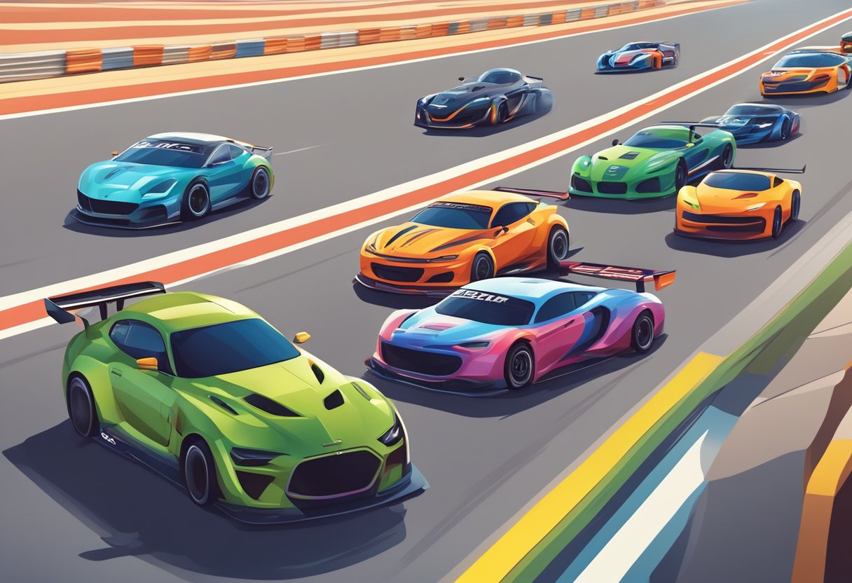 A crowded race track with multiple sleek, high-speed cars vying for the lead, with a sense of urgency and determination in the air