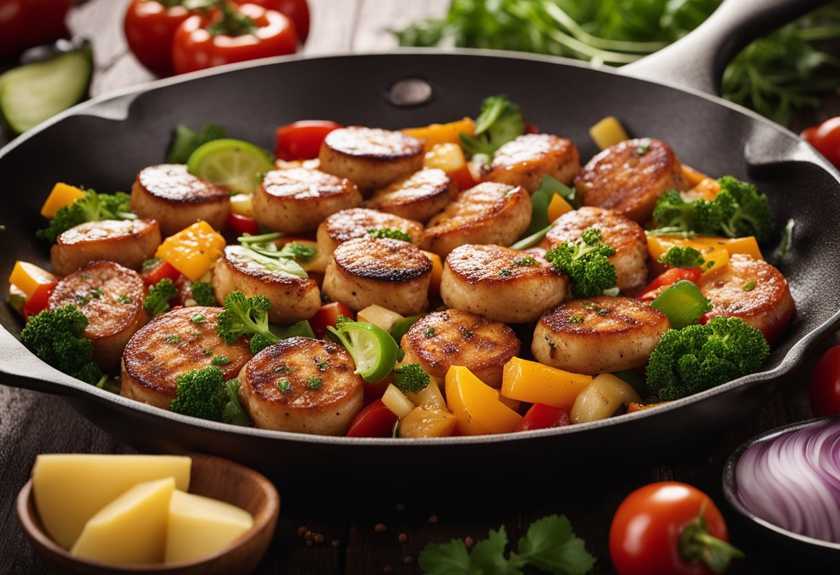 A sizzling skillet with seven varieties of spicy chicken sausage, surrounded by colorful ingredients and aromatic spices