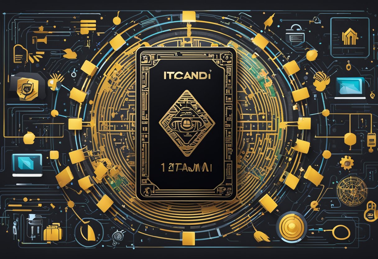 A sleek black Latam Itaucard Black card surrounded by security and technology symbols