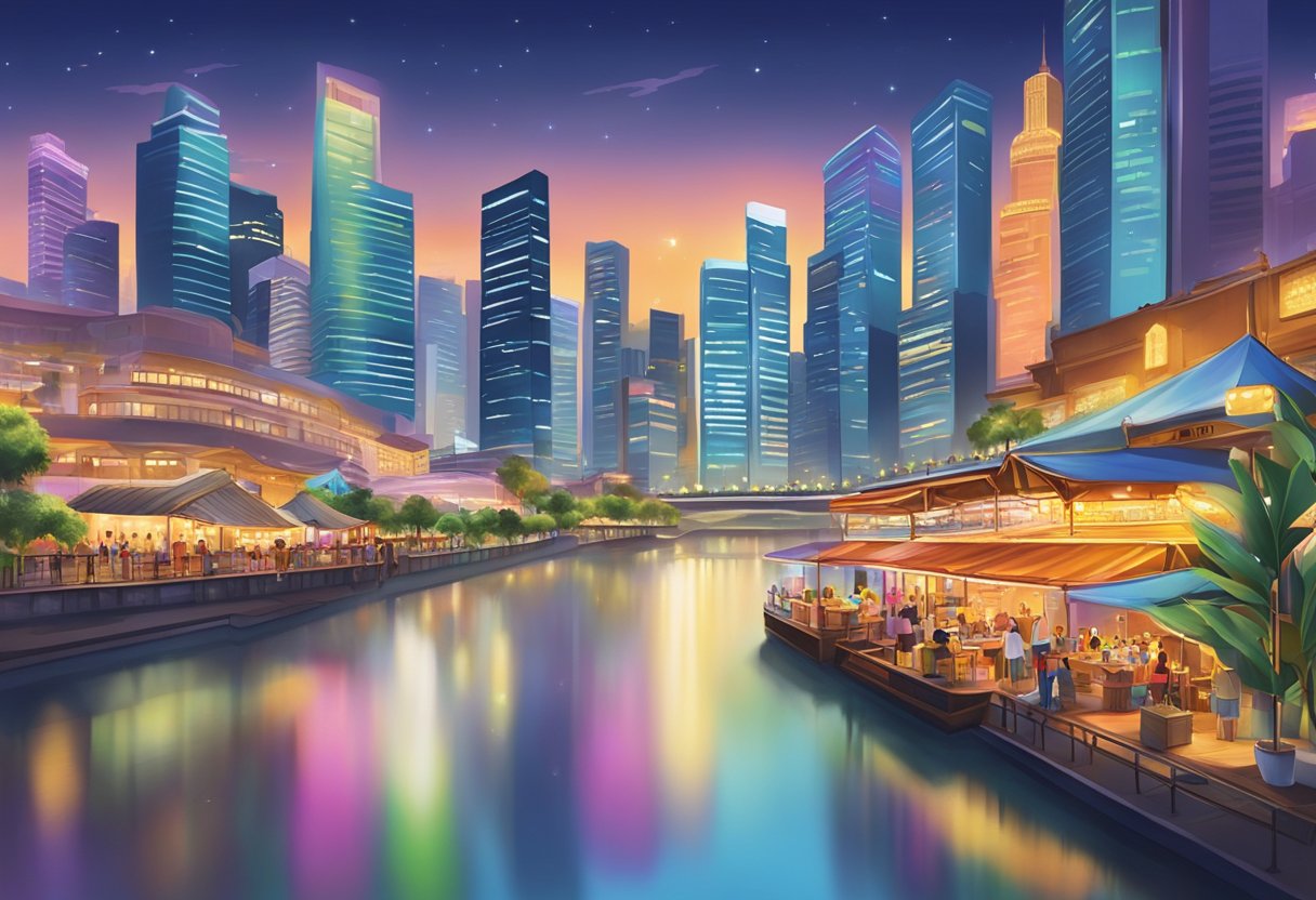 A bustling cityscape with colorful lights illuminating the skyline, reflecting off the calm waters of the Singapore River. Vibrant nightlife, street food vendors, and lively bars create an energetic atmosphere