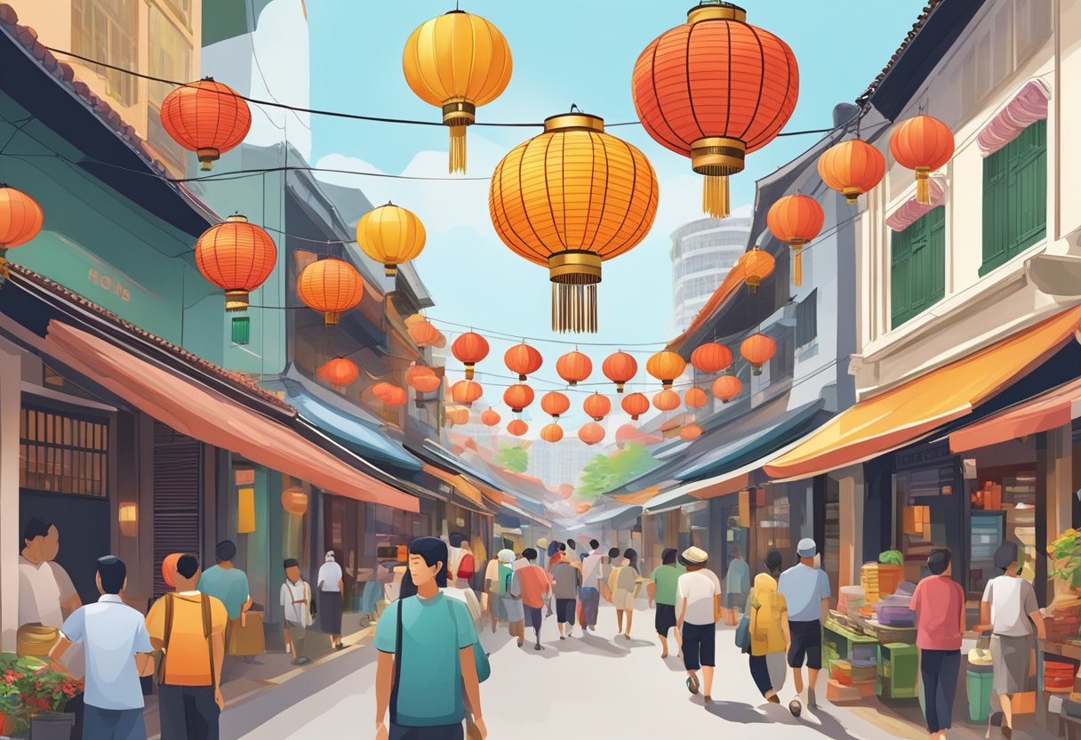 A bustling street in Singapore's Chinatown, with colorful shopfronts and traditional lanterns hanging overhead