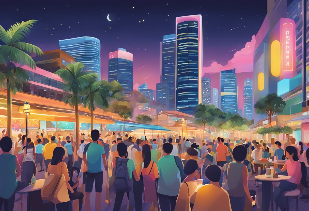 Colorful lights illuminate the bustling streets, with people enjoying outdoor performances, live music, and vibrant nightlife venues in Singapore