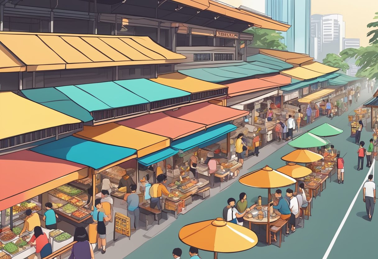 A bustling hawker center with colorful stalls and savory aromas, surrounded by a mix of locals and tourists enjoying a variety of Singaporean street food