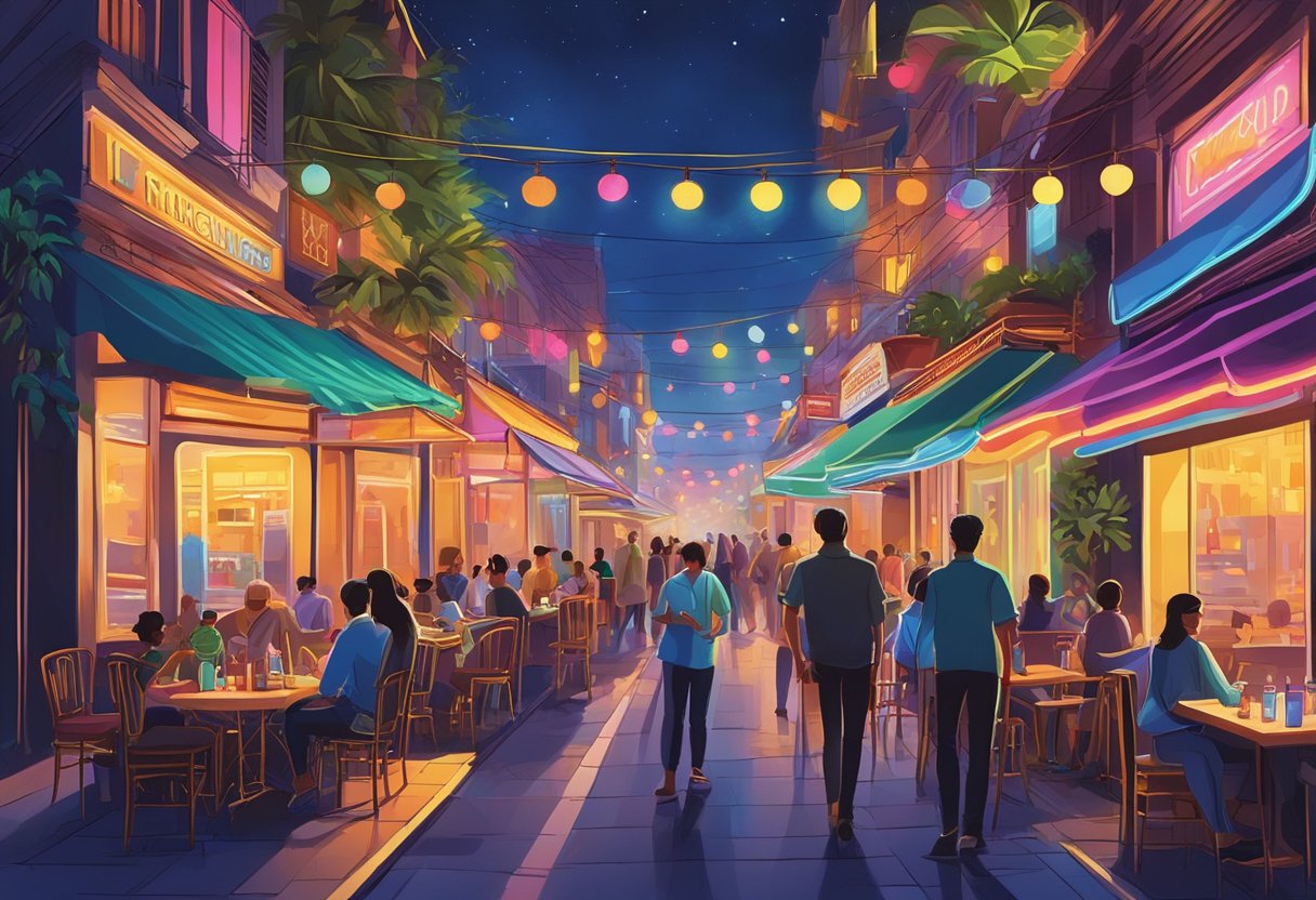 Colorful neon lights illuminate bustling streets, with open-air restaurants and shops beckoning visitors to indulge in a vibrant nightlife