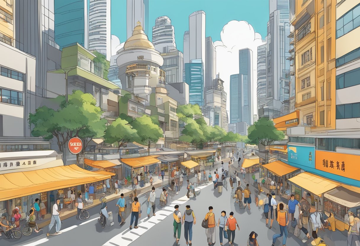 A bustling city street with diverse people and cultural landmarks, showcasing the impact of Yin Ji's influence in Singapore