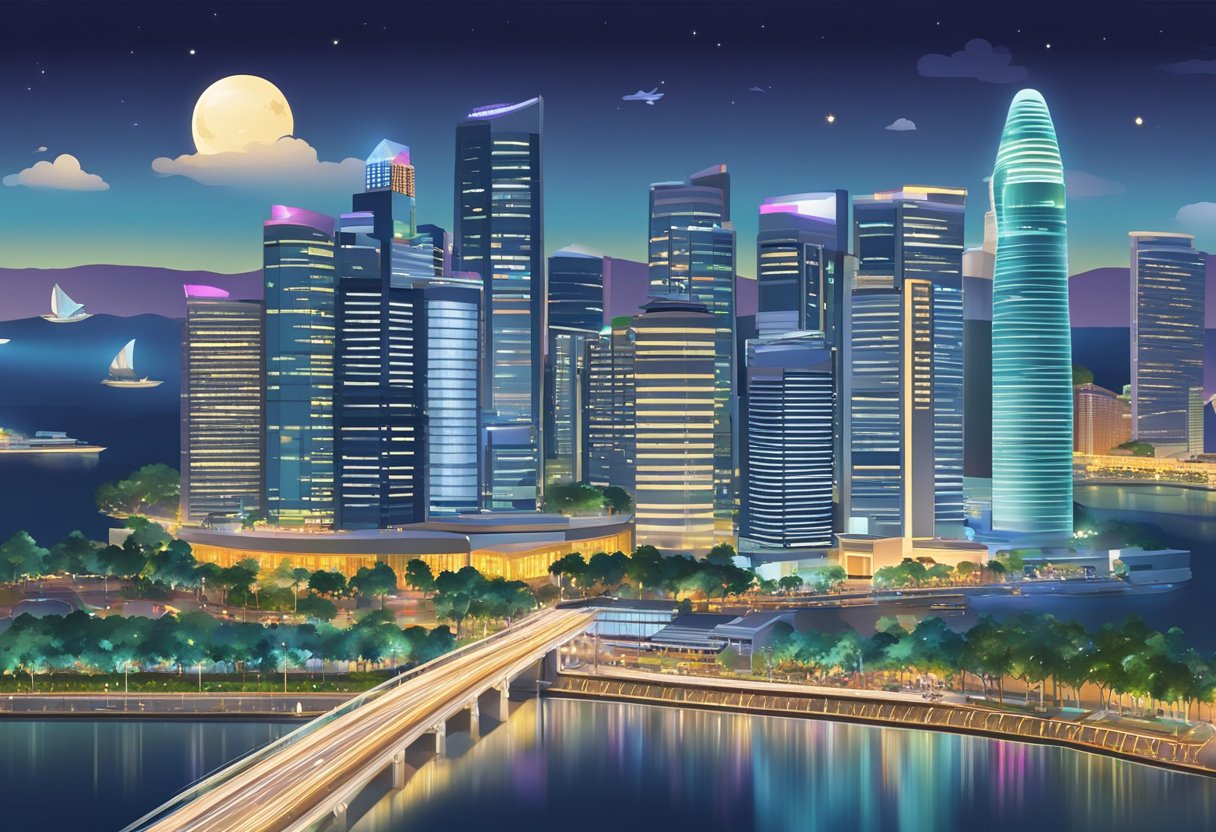 The bustling city of Singapore at night, with its vibrant lights and bustling nightlife, showcasing iconic landmarks and bustling streets