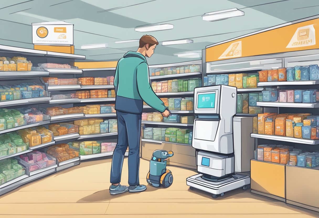 A person selects a domestic robot from a display, pays at the checkout, and carries the boxed robot out of the store