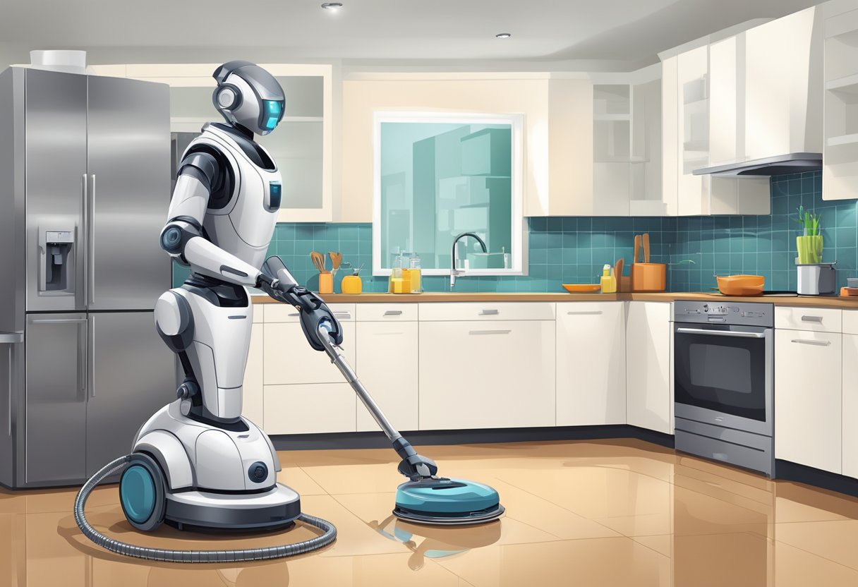 A modern kitchen with a robot vacuuming the floor and a robotic arm loading dishes into the dishwasher