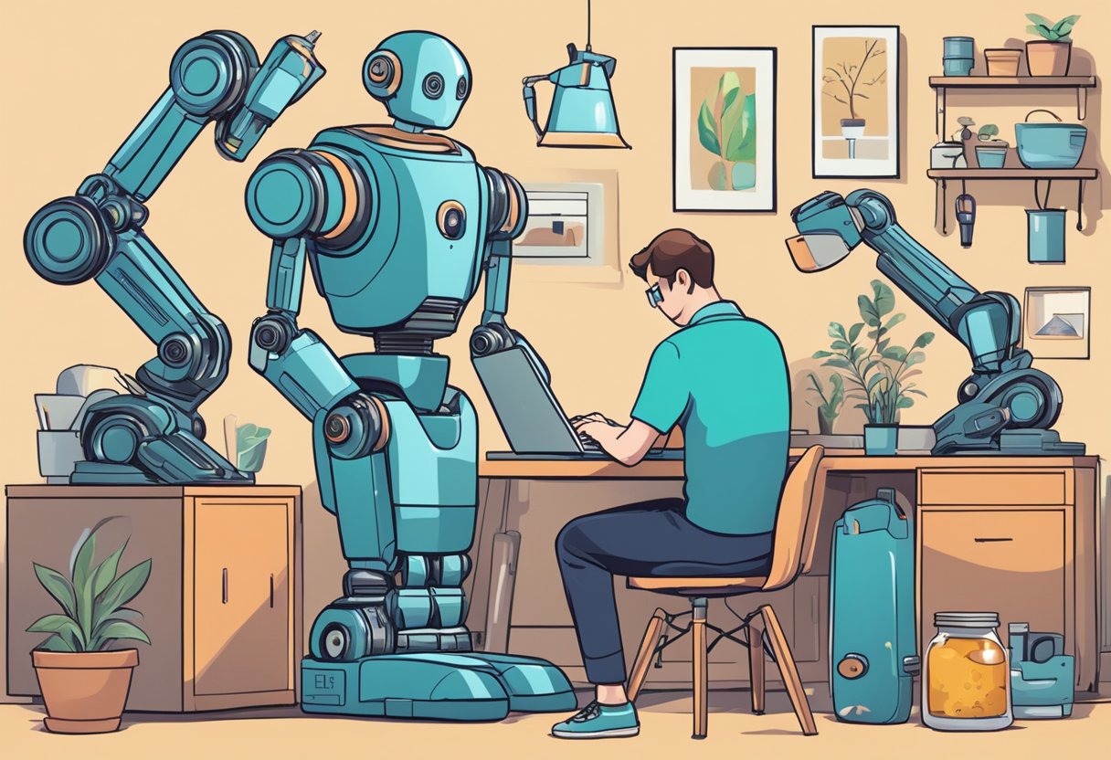 A person researching robot options online, surrounded by various household items and technology